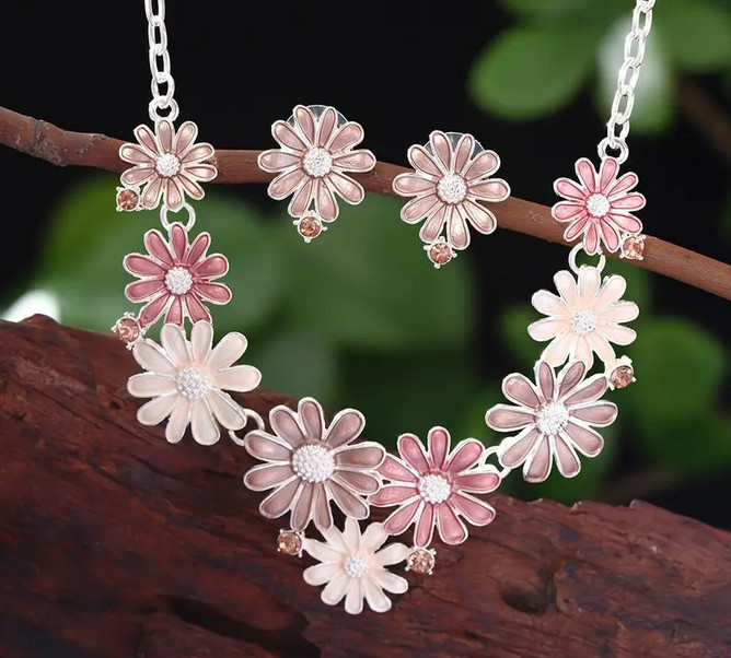 Blue pink daisy flower necklace earring set