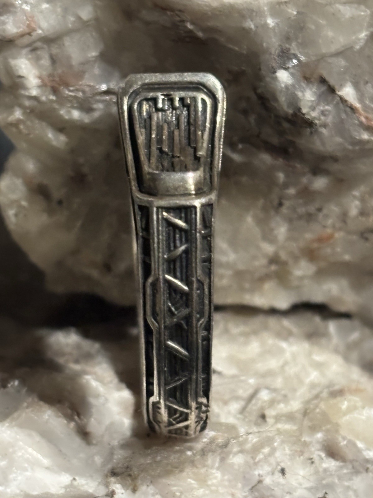Silver Tone Size 12.5 Signet Band Ring with Geometric Patterned Band