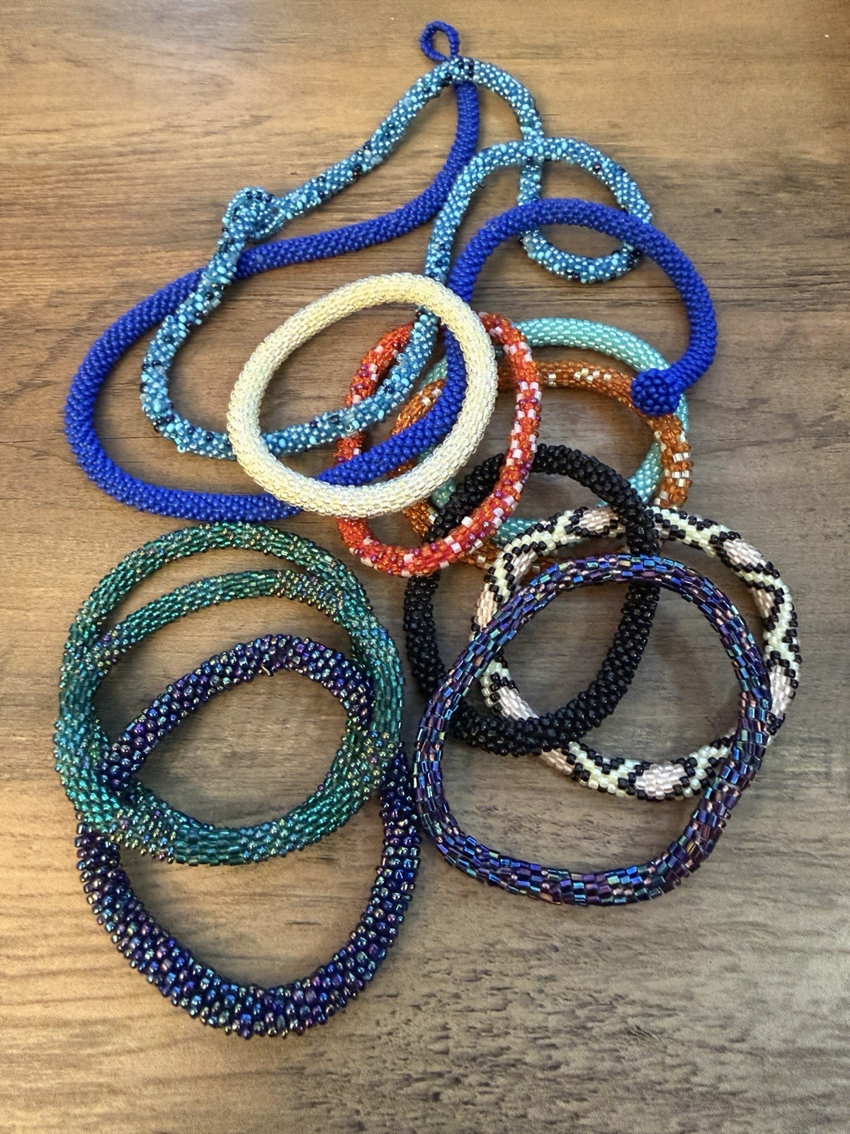 Set of 10 Gorgeous Woven Glass Bead Slip-On Bracelets Plus 2 Necklaces