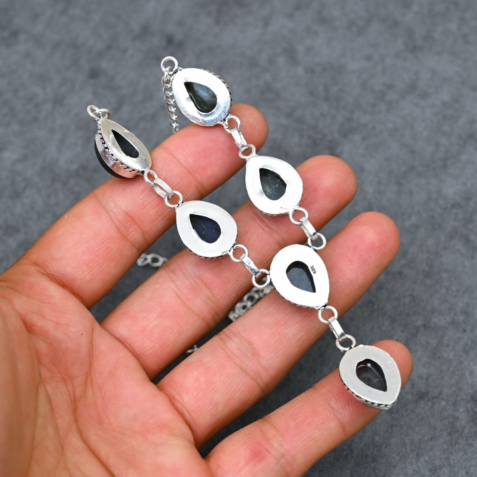 Silver Plated Labradorite Y-Necklace | Multi-Stone Milgrain Cabochon | Artisan
