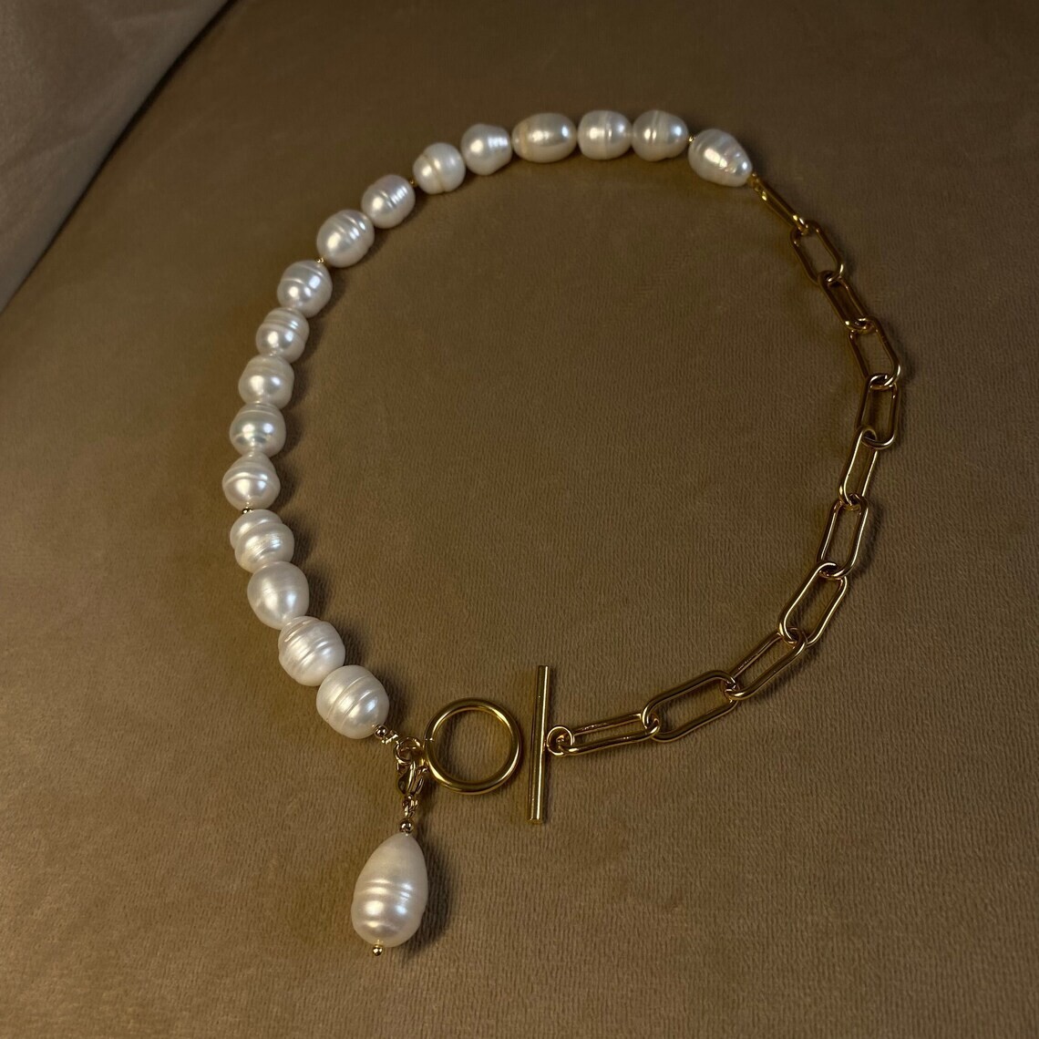 Half Baroque Pearl & Half Chain Necklace For Women