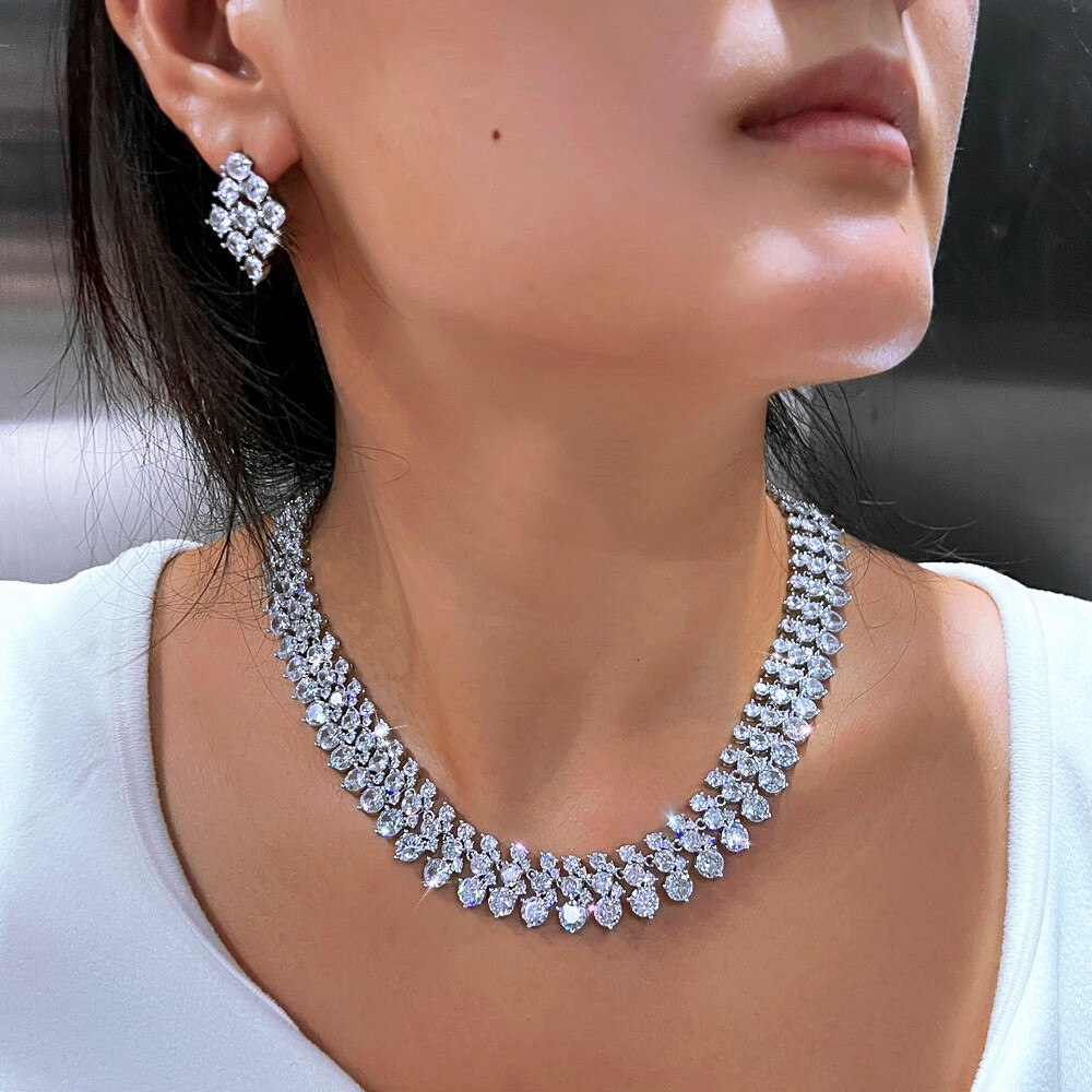 Women Round CZ Gorgeous Wide Necklace Earrings Silver Plated Wedding Jewelry Set