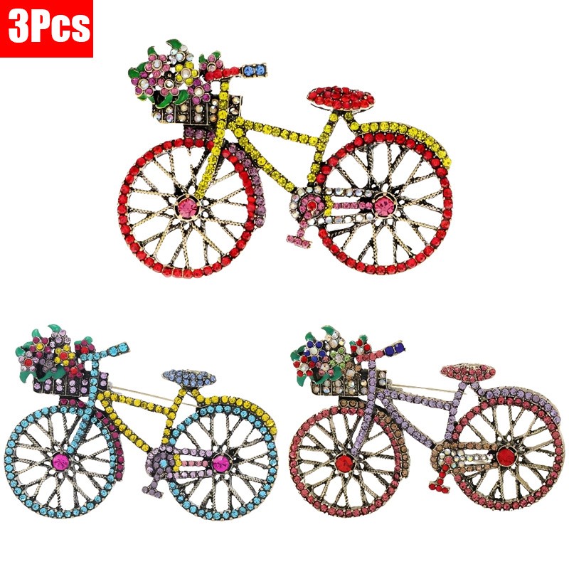 3Pcs Vintage Bicycle Brooch Floral Rhinestone Pin for Women Daily & Party Wear