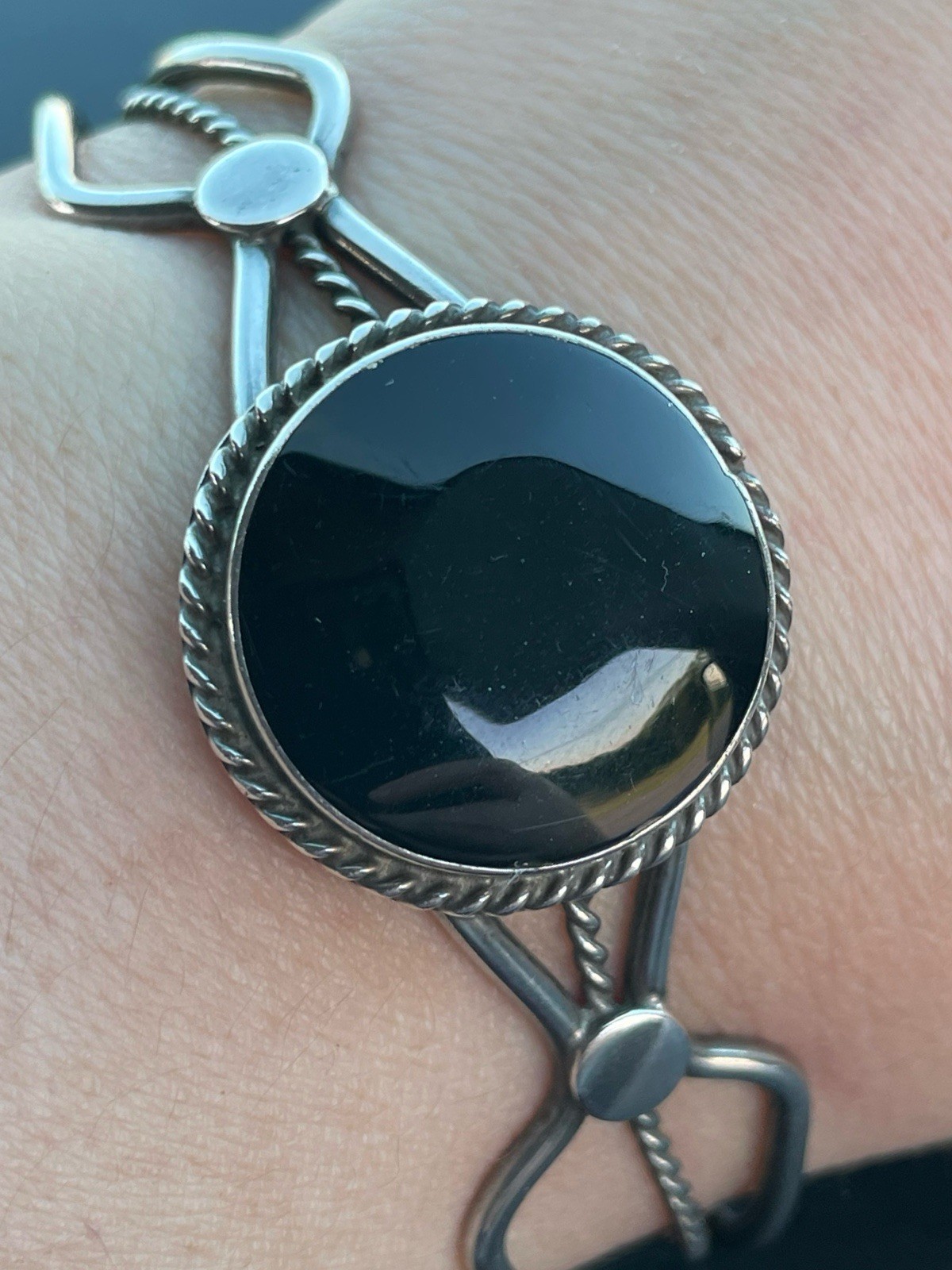 Mexico 925 Sterling Silver Cuff Bracelet Bezel Set Round Black Onyx Stone