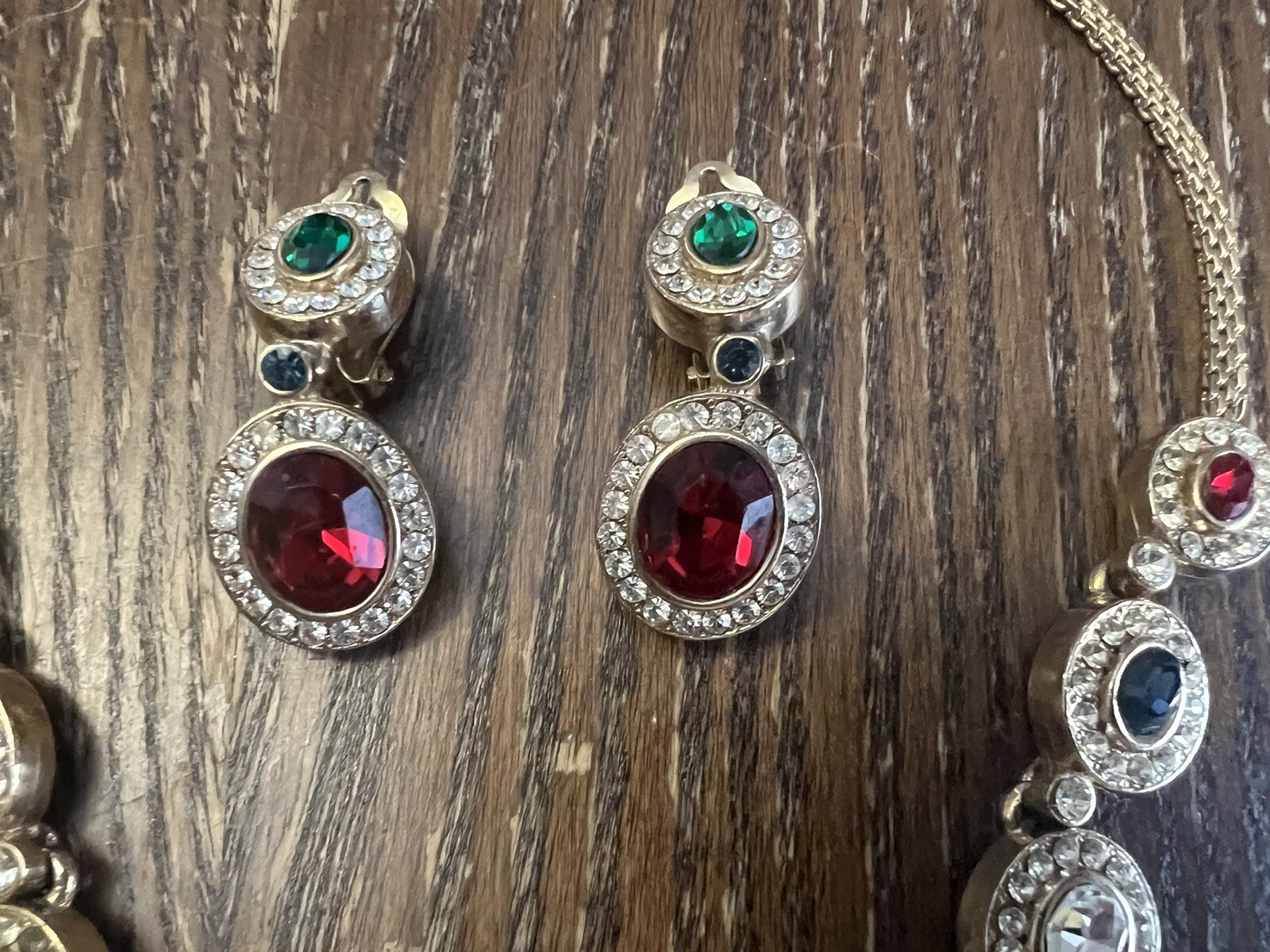 Gold Plated Red Green & Blue Crystal Necklace & Clip On Earring Set