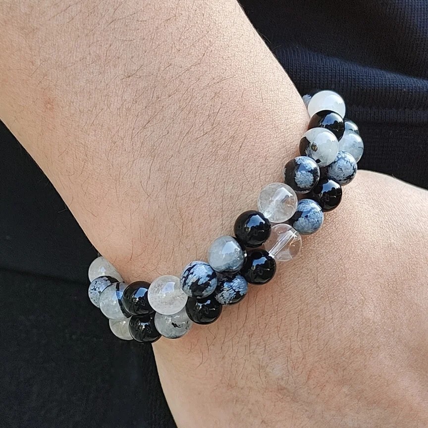 Handmade 8MM Black Snowflake Stone Beads Natural Stone Bracelet Healing Crystal