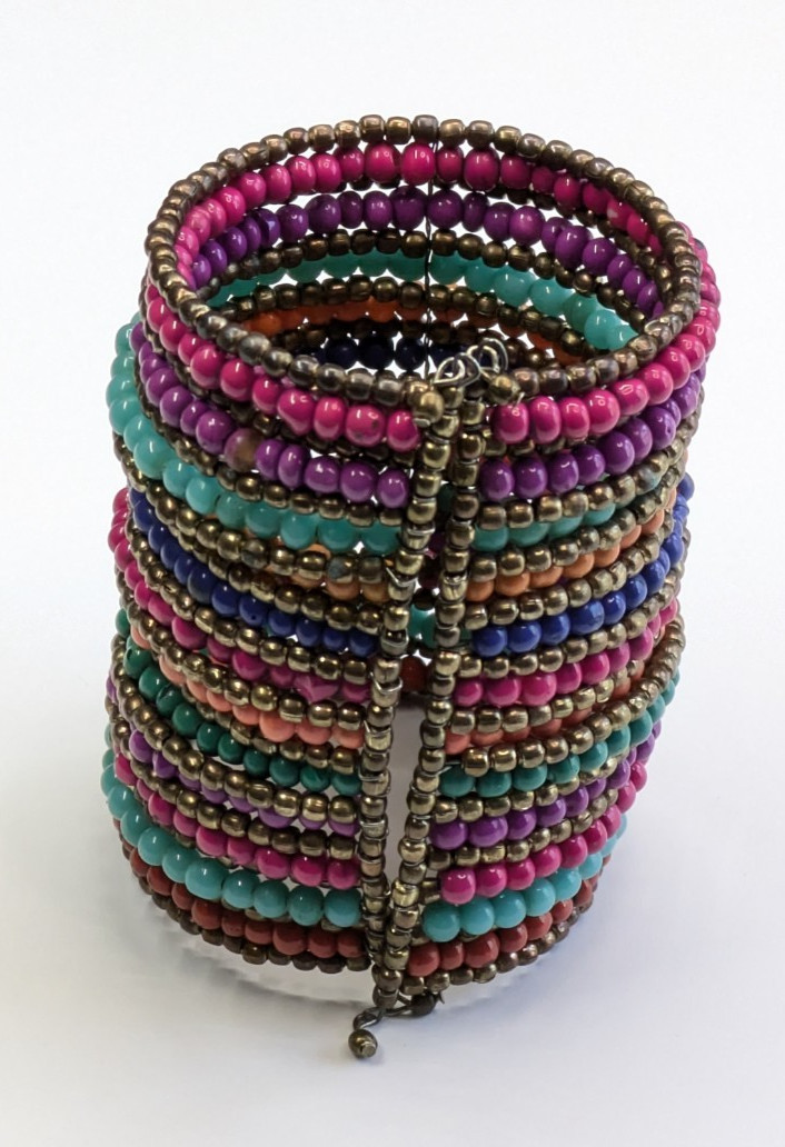 Huge 3.5″ Wide Multicolor Glass Beaded Brass Statement Bracelet Bohemian Tribal