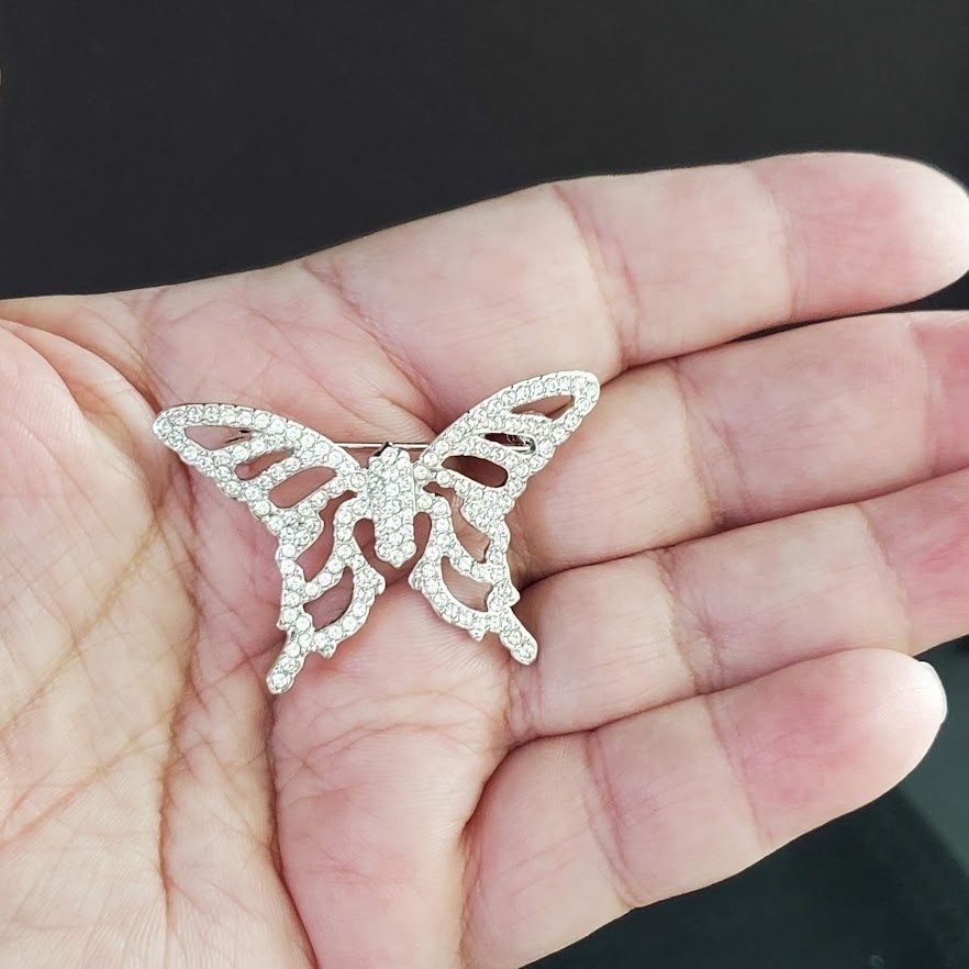 Swarovski Rhodium Plated Pave Crystal Butterfly Brooch Pin Swan Logo Hallmarked