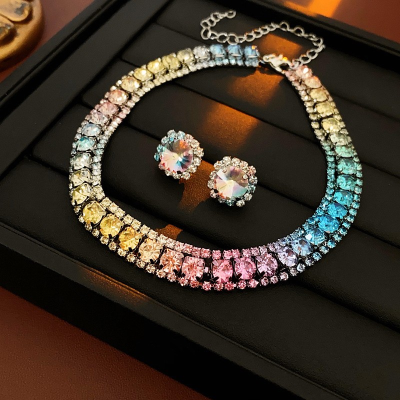 Multi-Color Crystal Rhinestone Necklace Earrings Wedding Party Jewelry Set