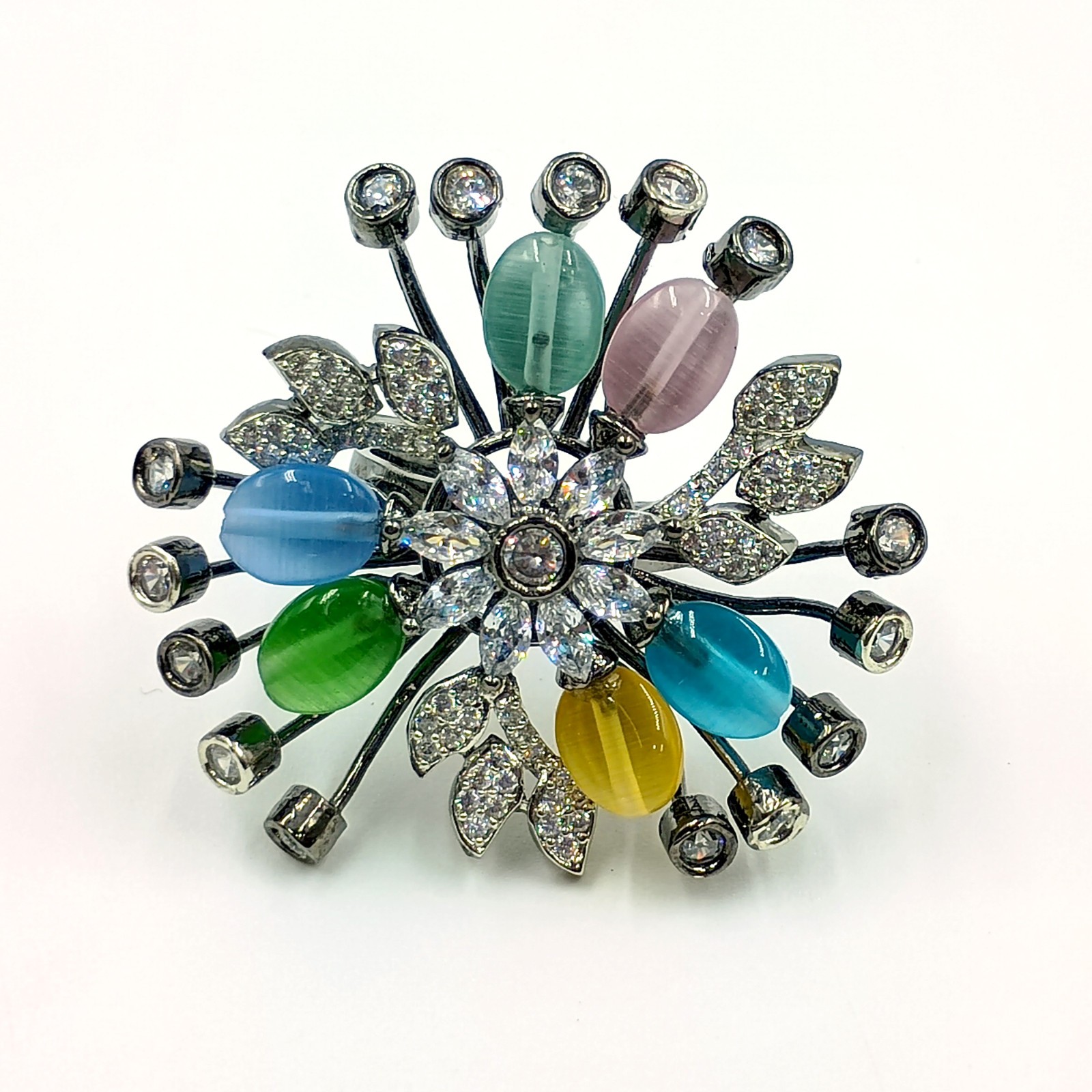 Handmade Multi Stone Ring Adjustable Cubic Zirconia Black Rhodium Plated Boho