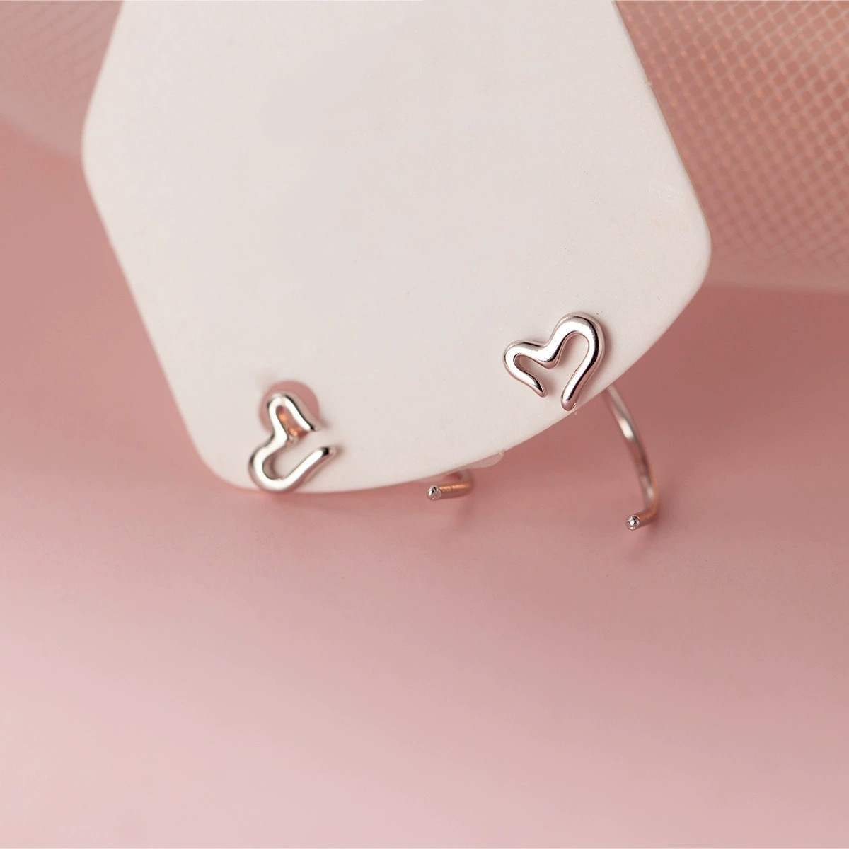Women’s Silver Tone Heart Deco C-Shaped Minimalist Dainty Small Hoop Earrings