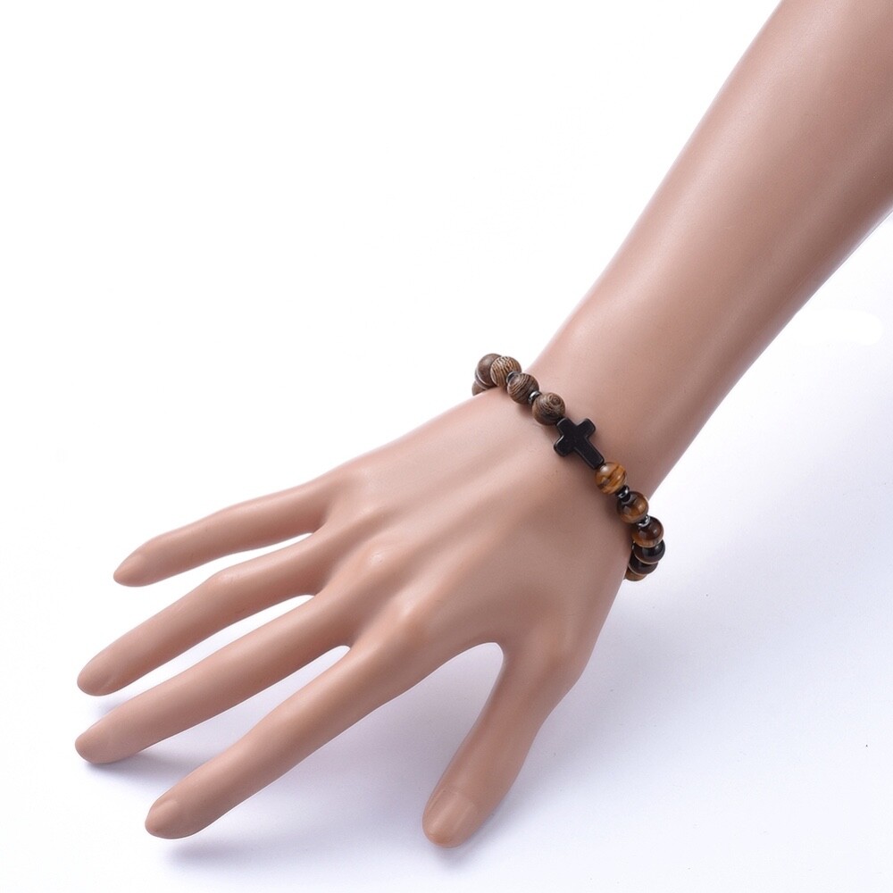 Unisex Tiger Eye Stretch Bracelet Cross Black Hematite Bead Stretch Healing T54