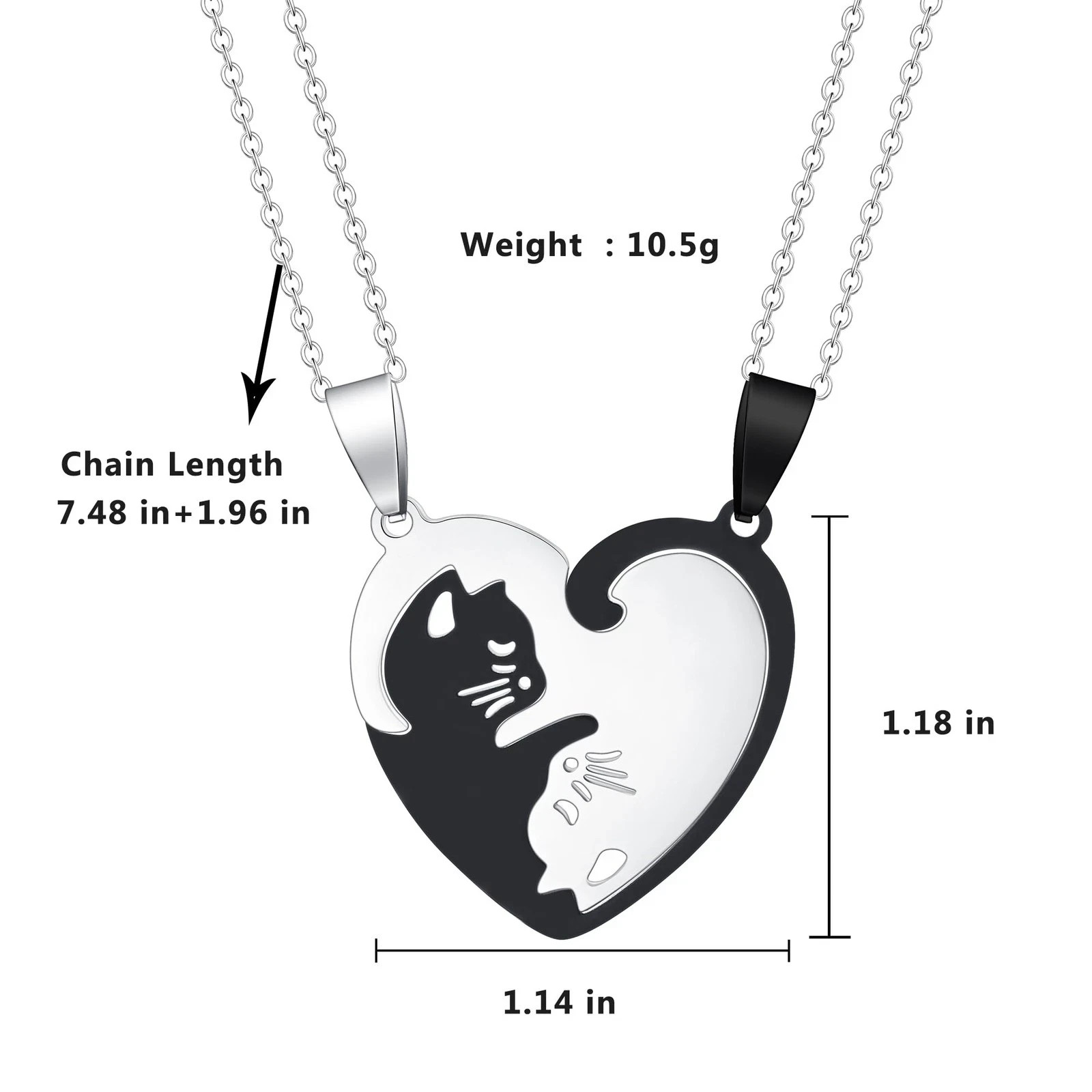 2 Piece Black & Silver Cat Matching Necklace Couple Cute Pendant Love BFF, Gift