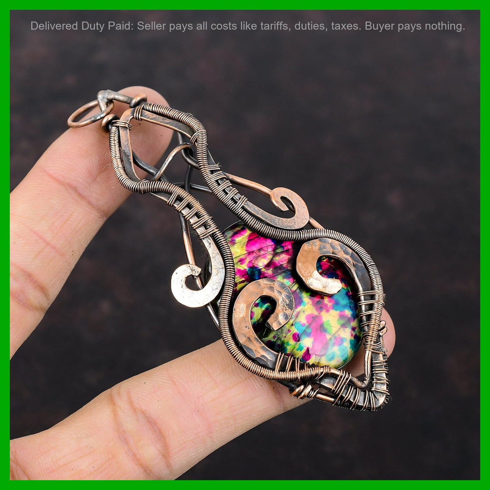 Copper Third Eye Chakra Oval Multi Fire Labradorite Stone Wire Wrapped Pendant