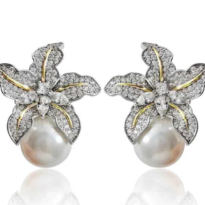 Flower Imitation Pearl Earrings Women Luxury CZ Stone Inlaid Zinc Alloy Studs