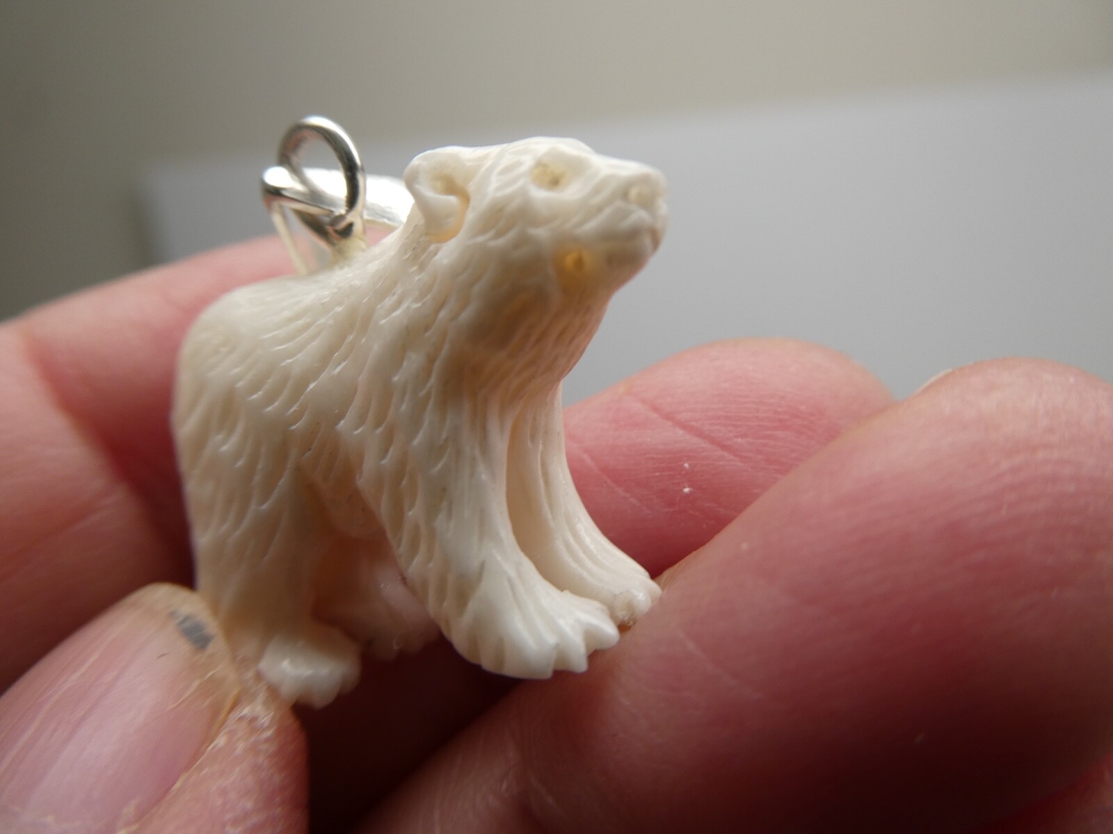 Polar Bear Sterling Silver 925 Carved Bubalus Bubalis Bone Pendant Necklace