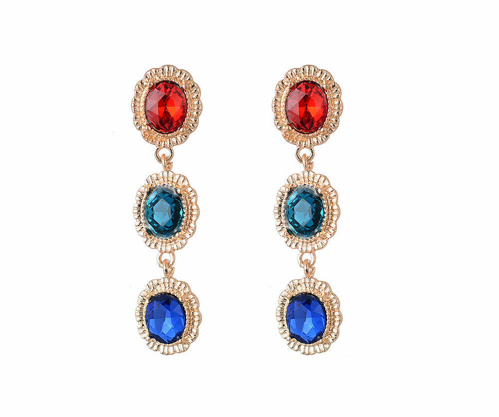 Gold Tone Red, Green & Blue Oval Shape Long Drop Earrings in Vintage Setting NEW