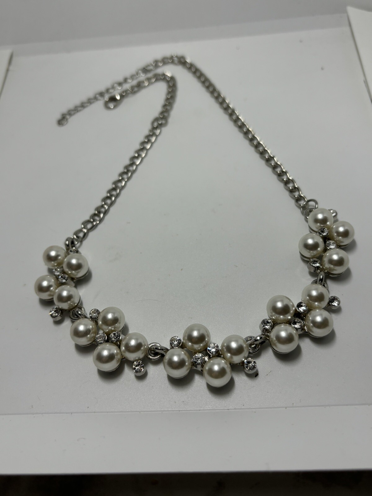 Pearl Rhinestone Silver Plated Chain 18” Necklace Extender 2-1/2”