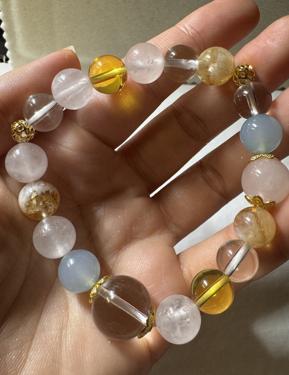 10-15mm Natural healing Crystal stretch Beaded Bracelet pink quartz yellow clear