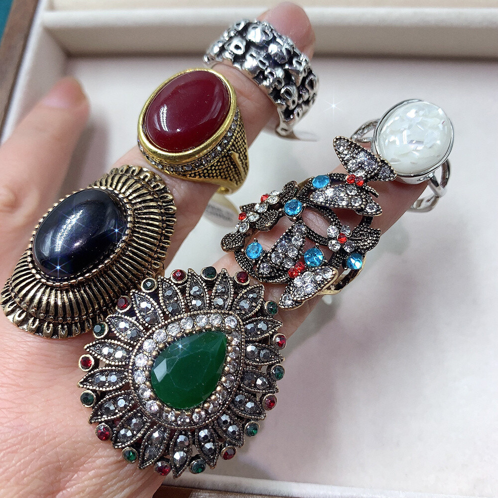 20pcs Mixed Vintage Colorful Gemstone Ring Retro Alloy Finger Deco Ring Bulk Art