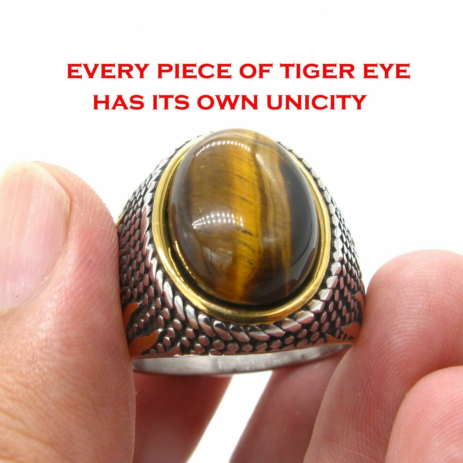 Mens Stainless Steel Gold Natural Oval Tiger Eye Stone Ring Men Size 7-15 Gift
