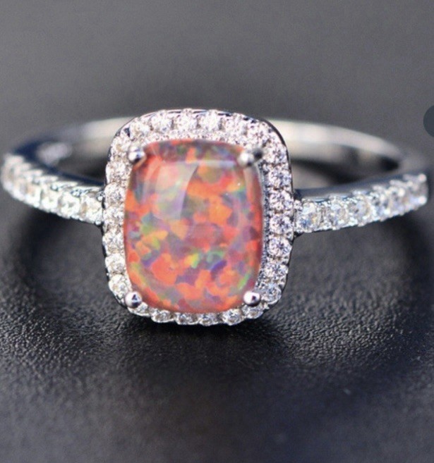 Gorgeous Orange Fire Opal CZ Halo Square Ring Size 9