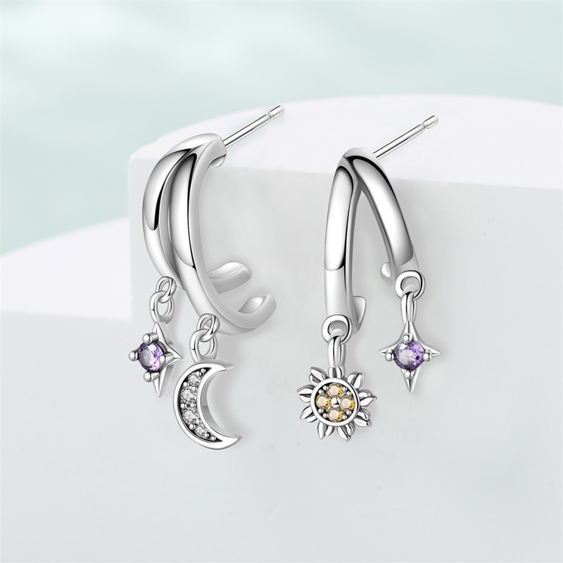 PANDACH Women 925 Sterling Silver Moon Sun Stud Earrings Cubic Zirconia CZ Gifts