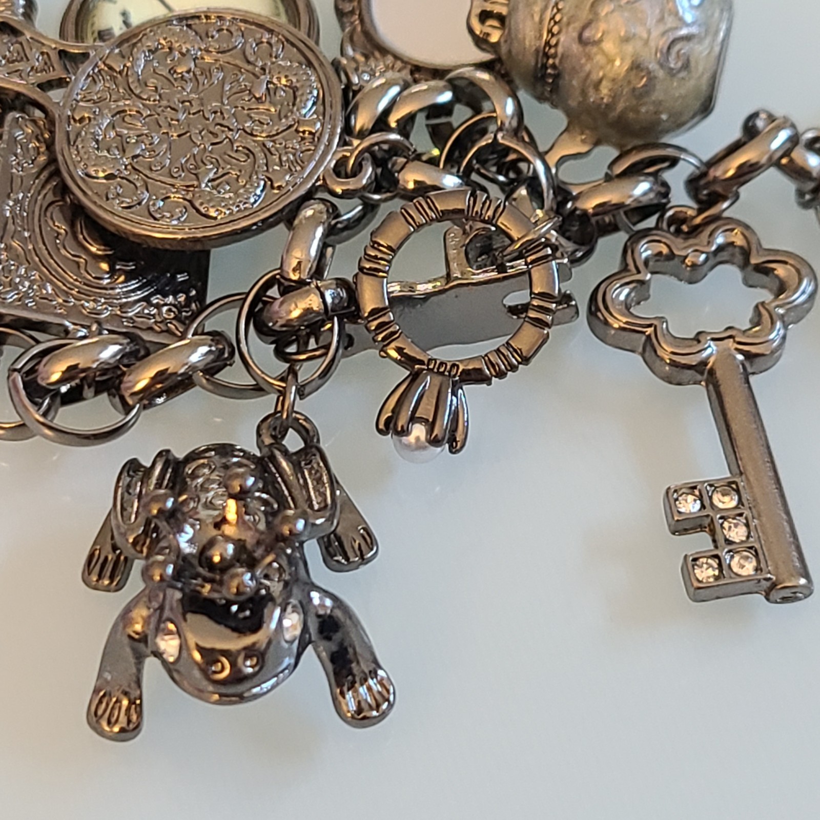 10″ Whimsical Fairytale Charm Bracelet Gunmetal Tone Teapot Frog Mirror Shoe Key
