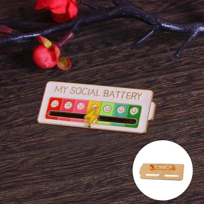 1pcs Funny Social Battery Slider Pin – 7-Mood Expression Badge, Interactive Pin