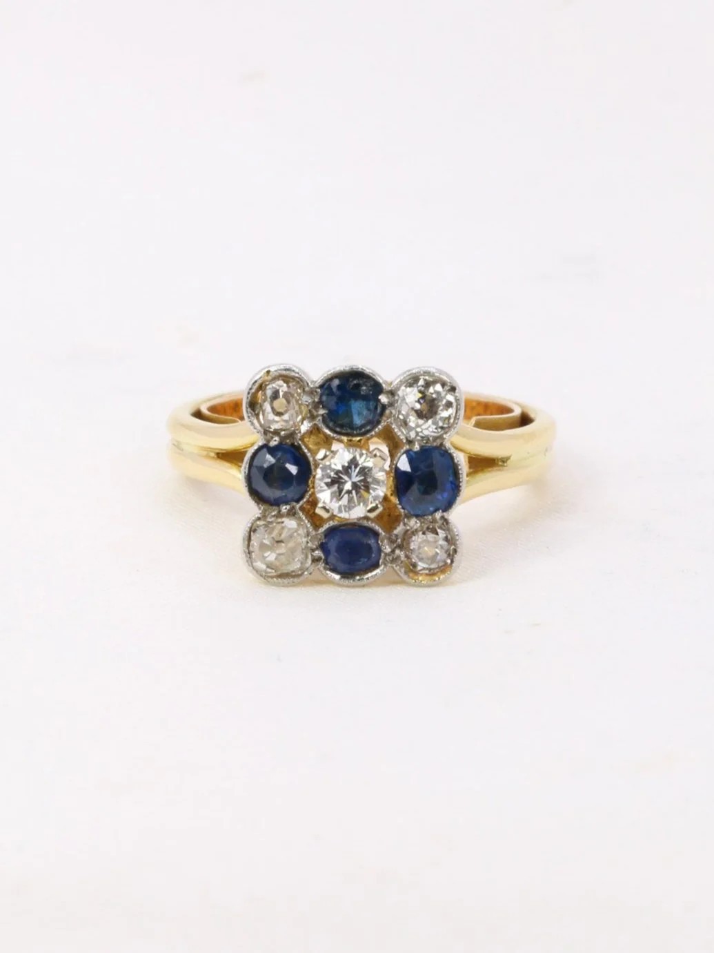 Square ring with old-cut sapphires and diamonds