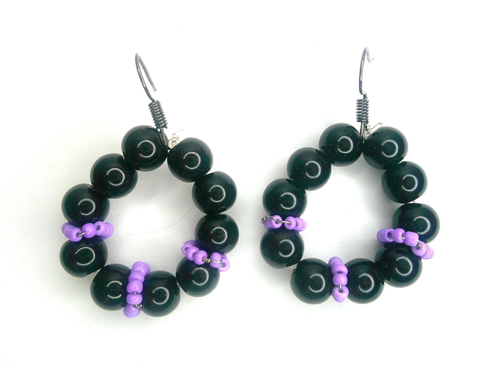 Small Black Purple Earrings Glass Beaded Handmade Hoop Dangle Fashion Colorful