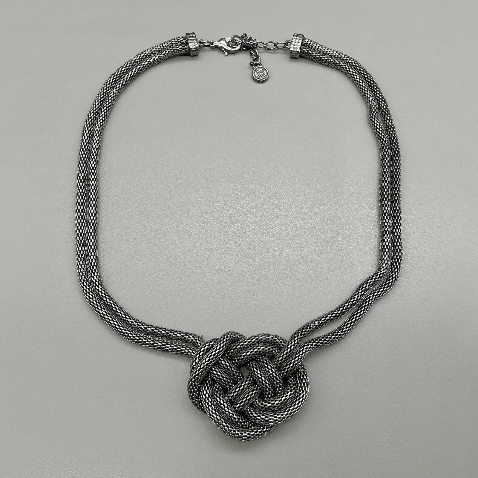 Necklace Silver Tone Strand Knot Pendant Mesh Chain Womens Statement Jewelry
