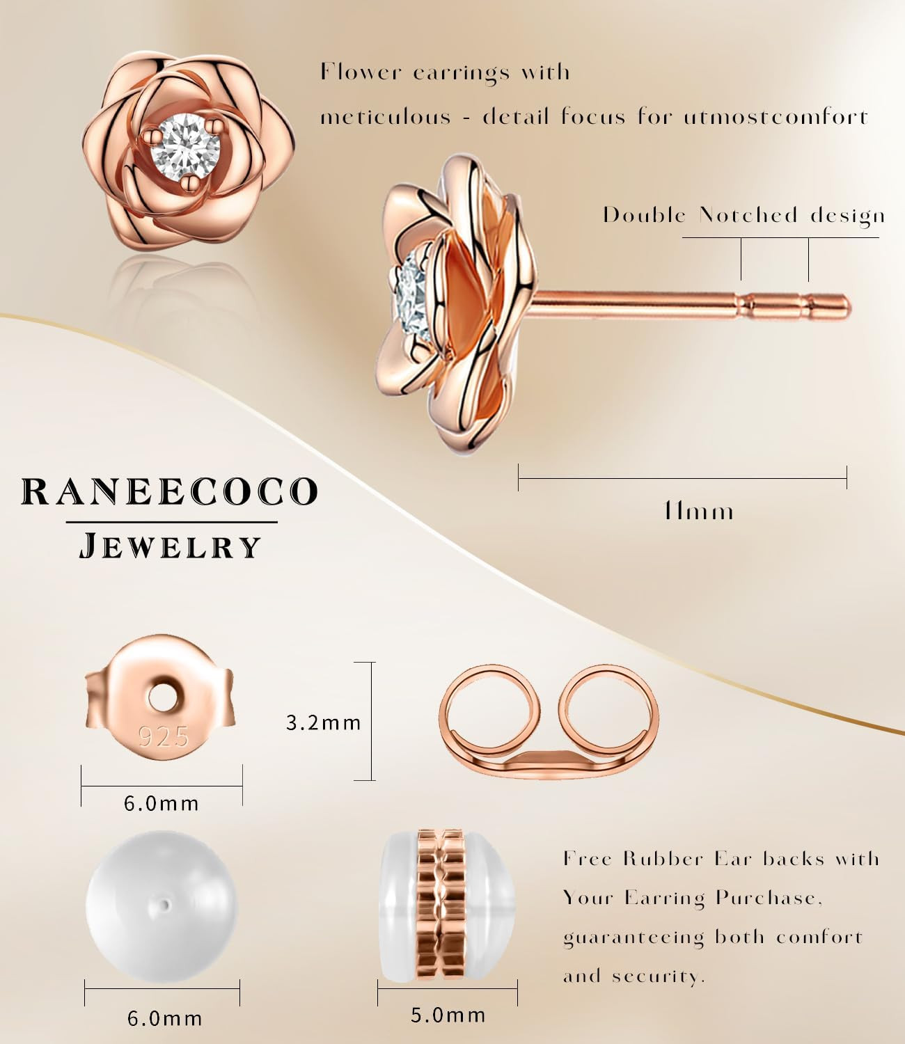 Gold Plated Sterling Silver Rose Flower Earring Studs, Hypoallergenic & Nickel F