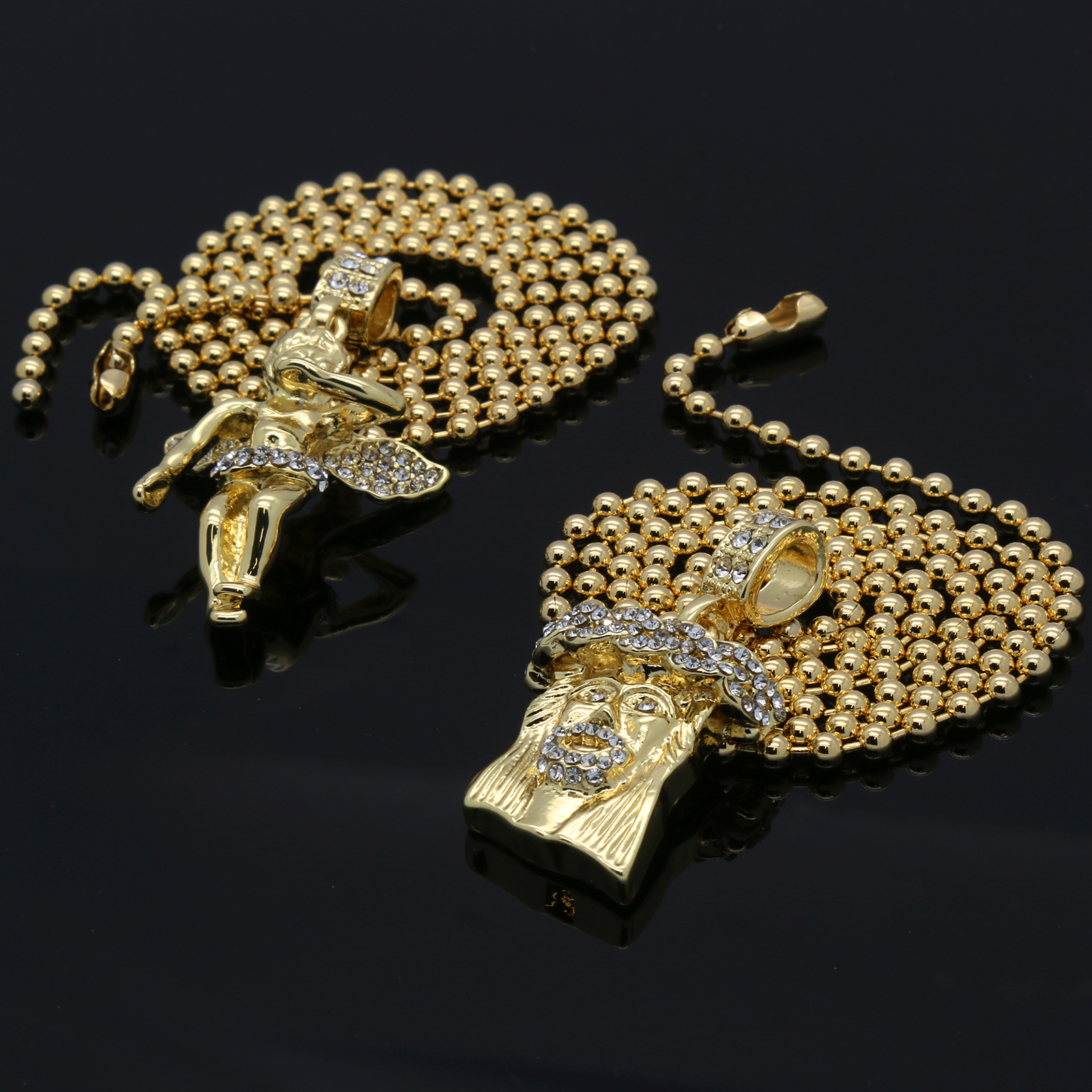 Mens Gold Plated Jesus Angel Piece Combo Set Cubic-Zirconia Pendant Chain