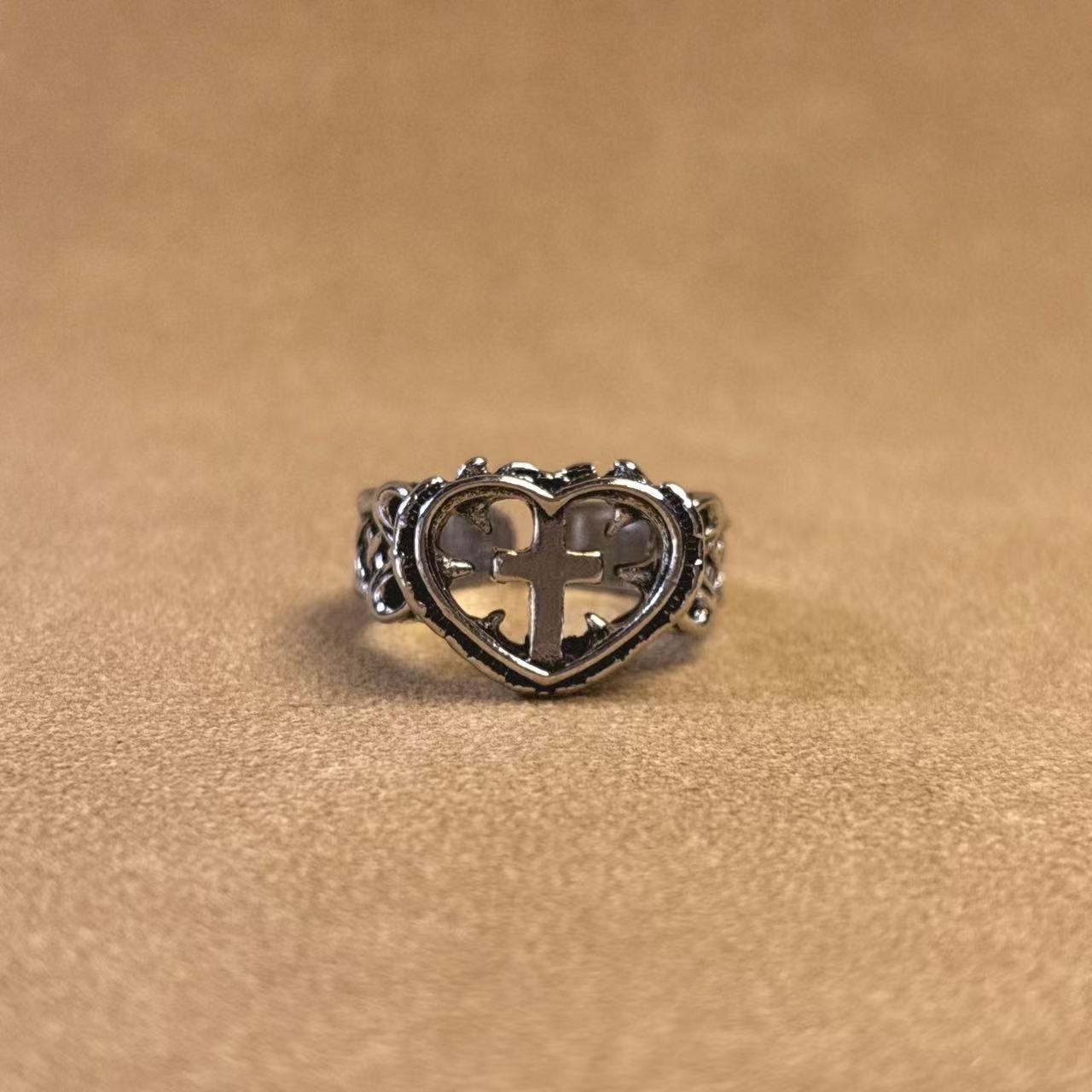 Punk subculture cross heart unisex adjustable open ring