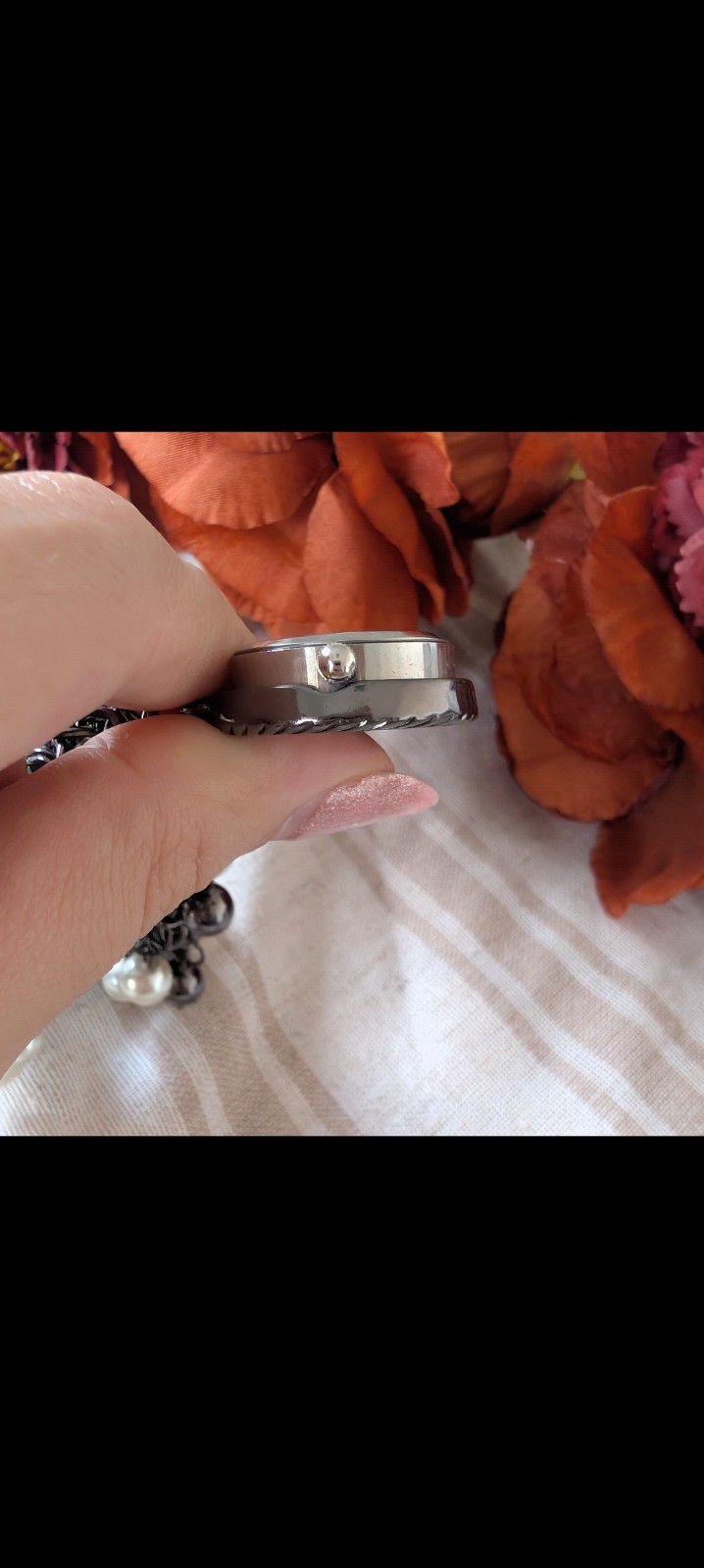 Silver Beaded Charm Stretch Bracelet with Dangle Charm Quartz Watch