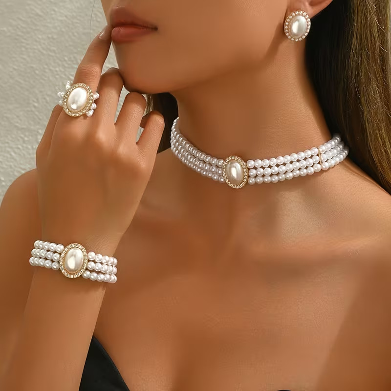 Pearl Jewellery Set Necklace Bracelet Ring Earrings Bridal Wedding Women Gift