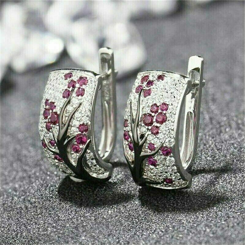 Round Cut Simulated Pink Ruby Women’s Huggie Hoop Earring 14k White Gold Plated