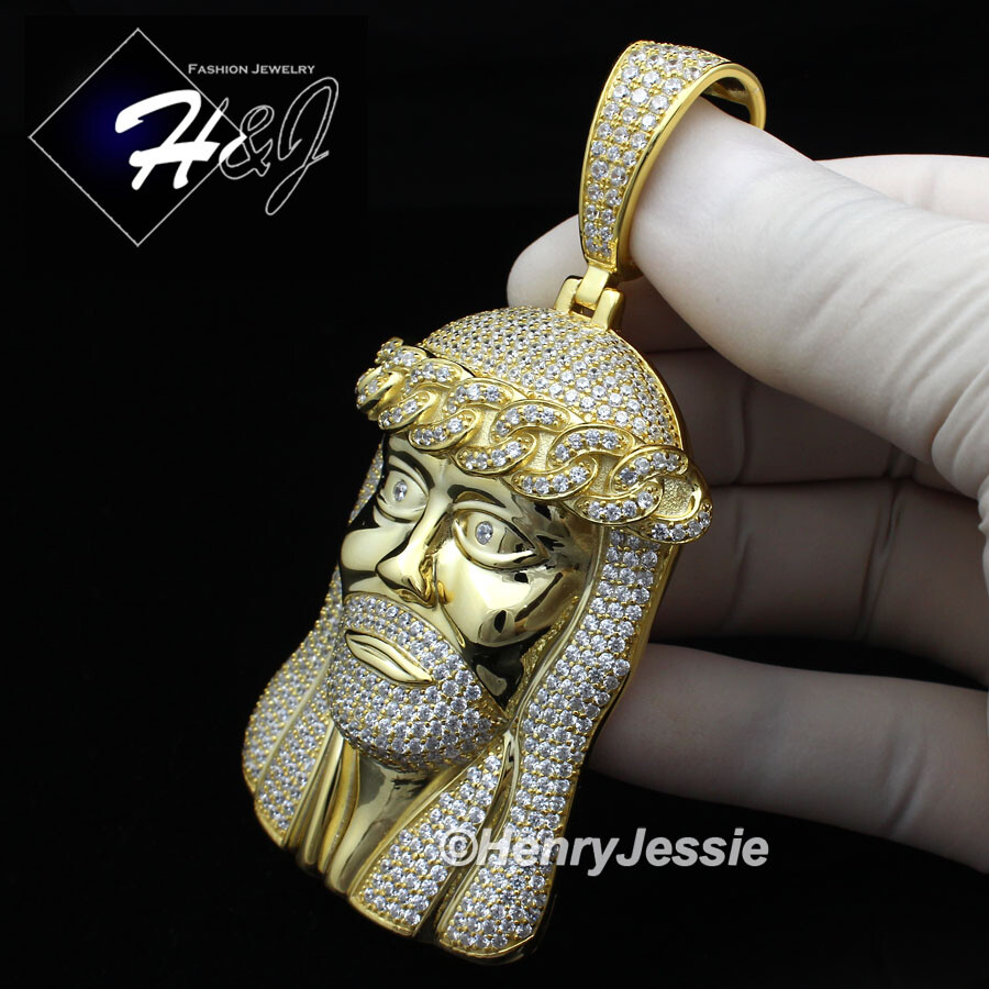 MEN 14K GOLD PLATED ICY CUBIC ZIRCONIA OVERSIZE GOLD 3D JESUS FACE PENDANT*BGP6