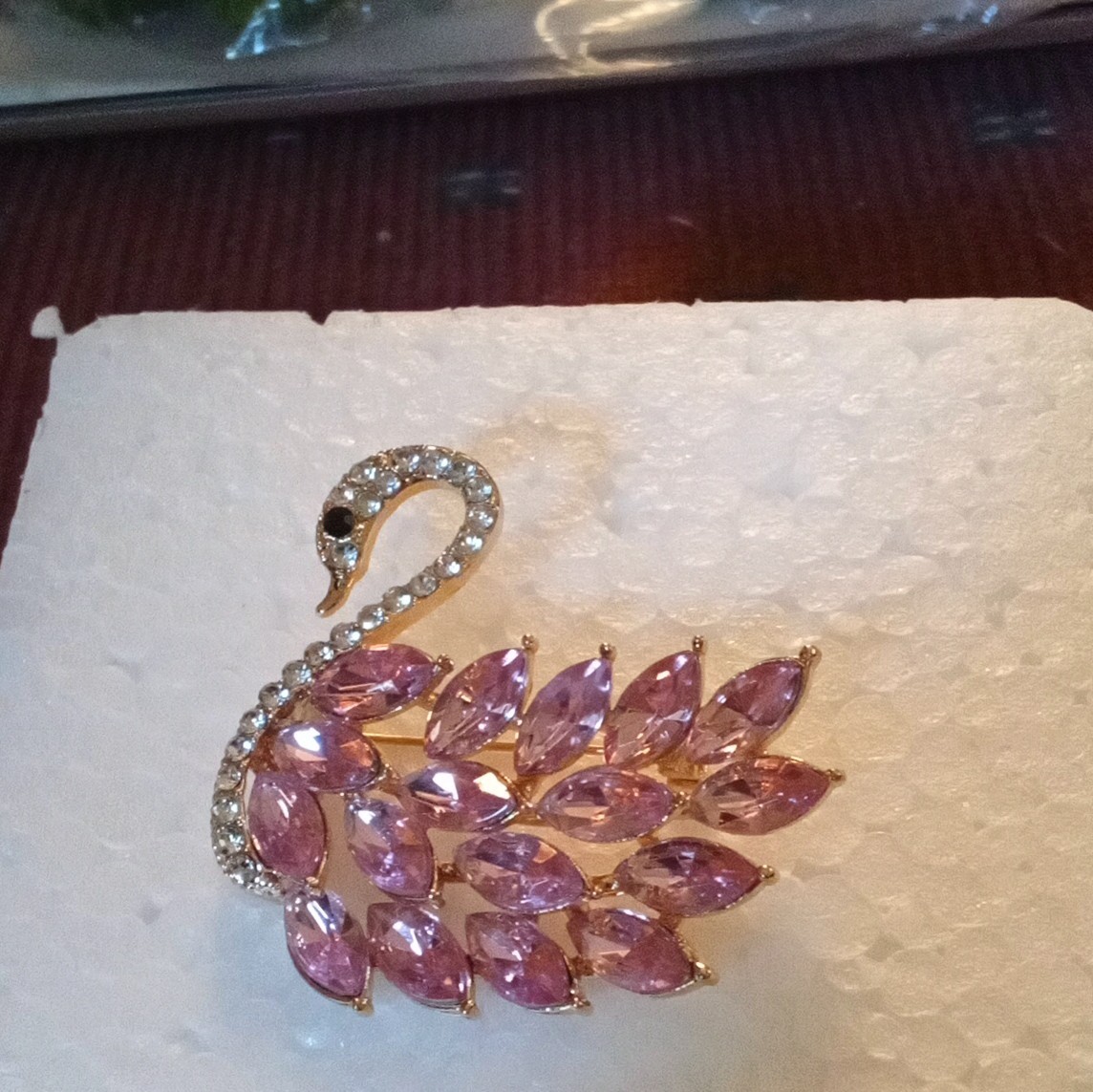 Gold Tone Rhinestone Swan Bird Brooch Pin, Pink Marquise Stones
