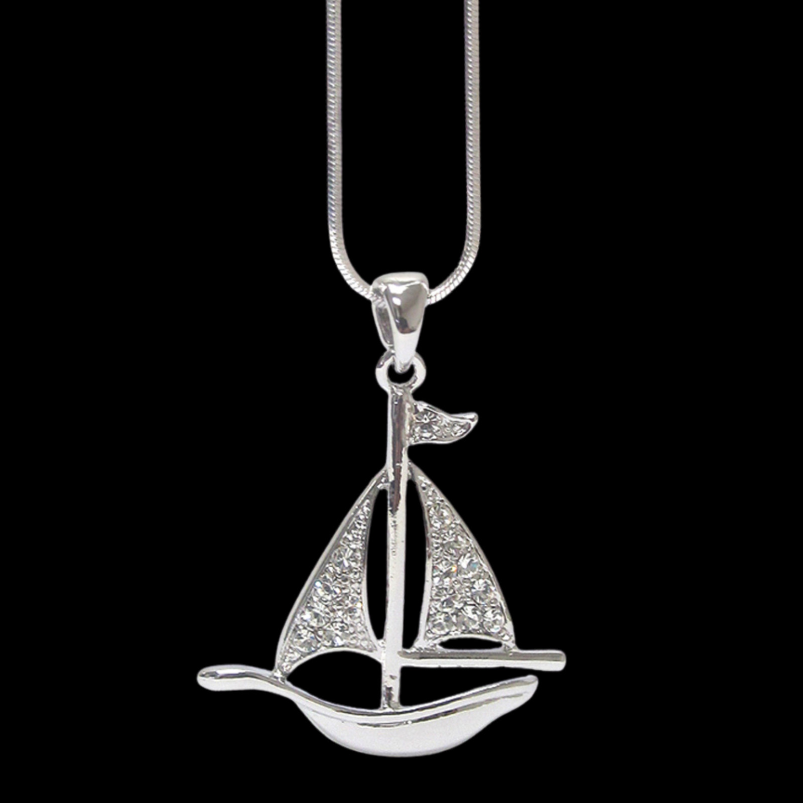 Crystal Stud Sailboat Pendant Necklace White Gold