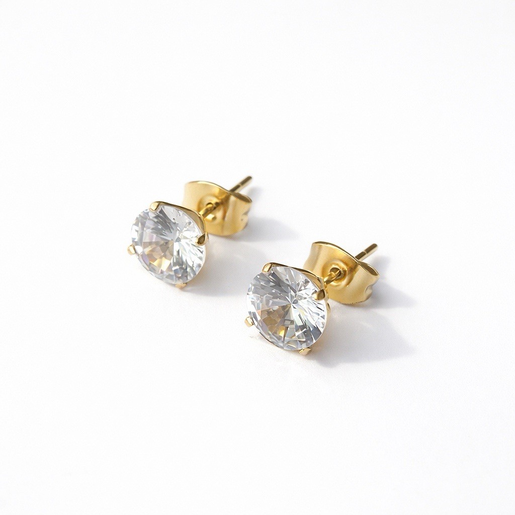 Gold Surgical Steel Round CZ Stud Earrings Solitaire 3mm-7mm⁠