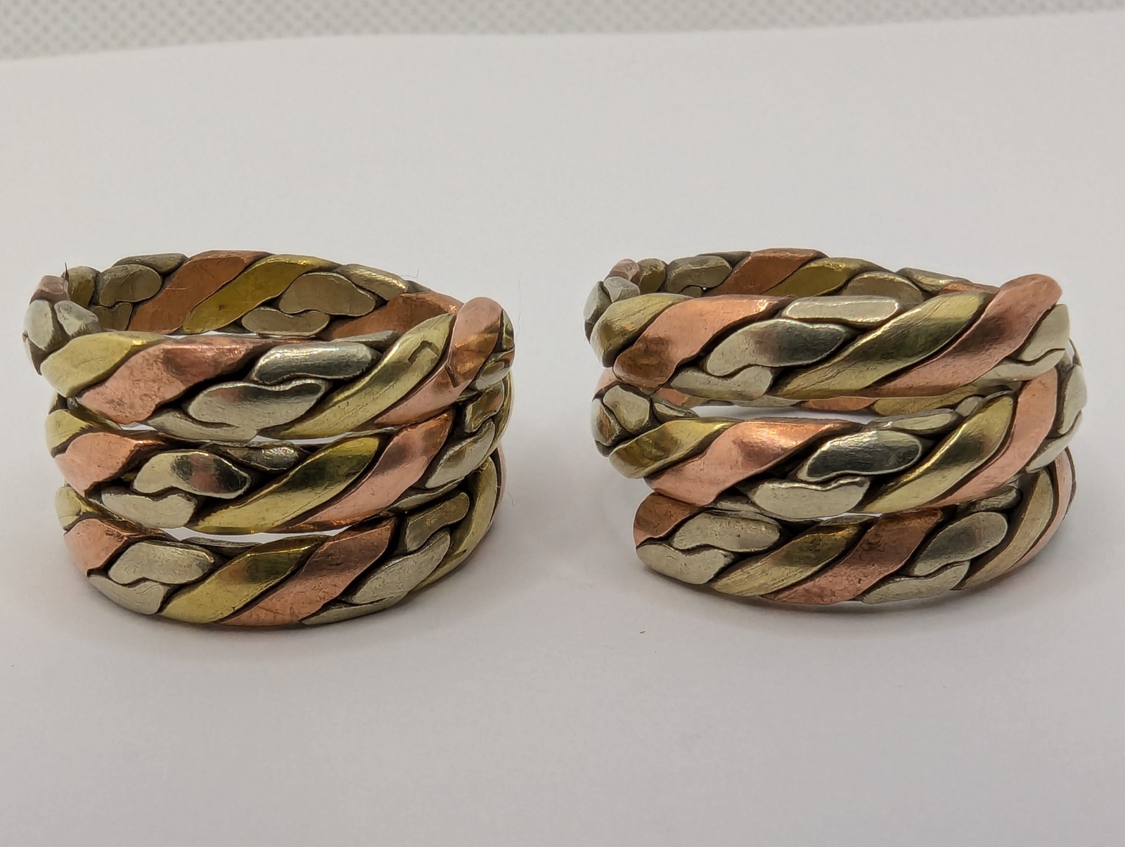 Tibetan Three Metal Coil Rings. Brass, Copper & Silver Tone Metals. Pair Of 2