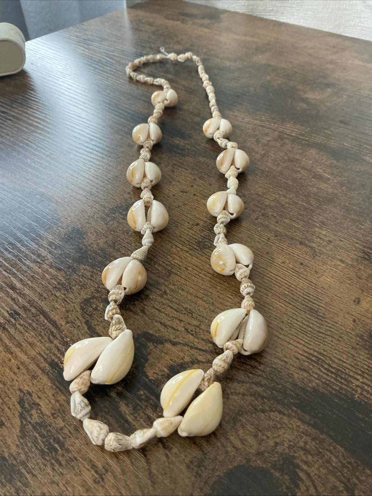 Natural Beige Shell Beaded Rope Cord Necklace 40in Beach Theme No Clasp