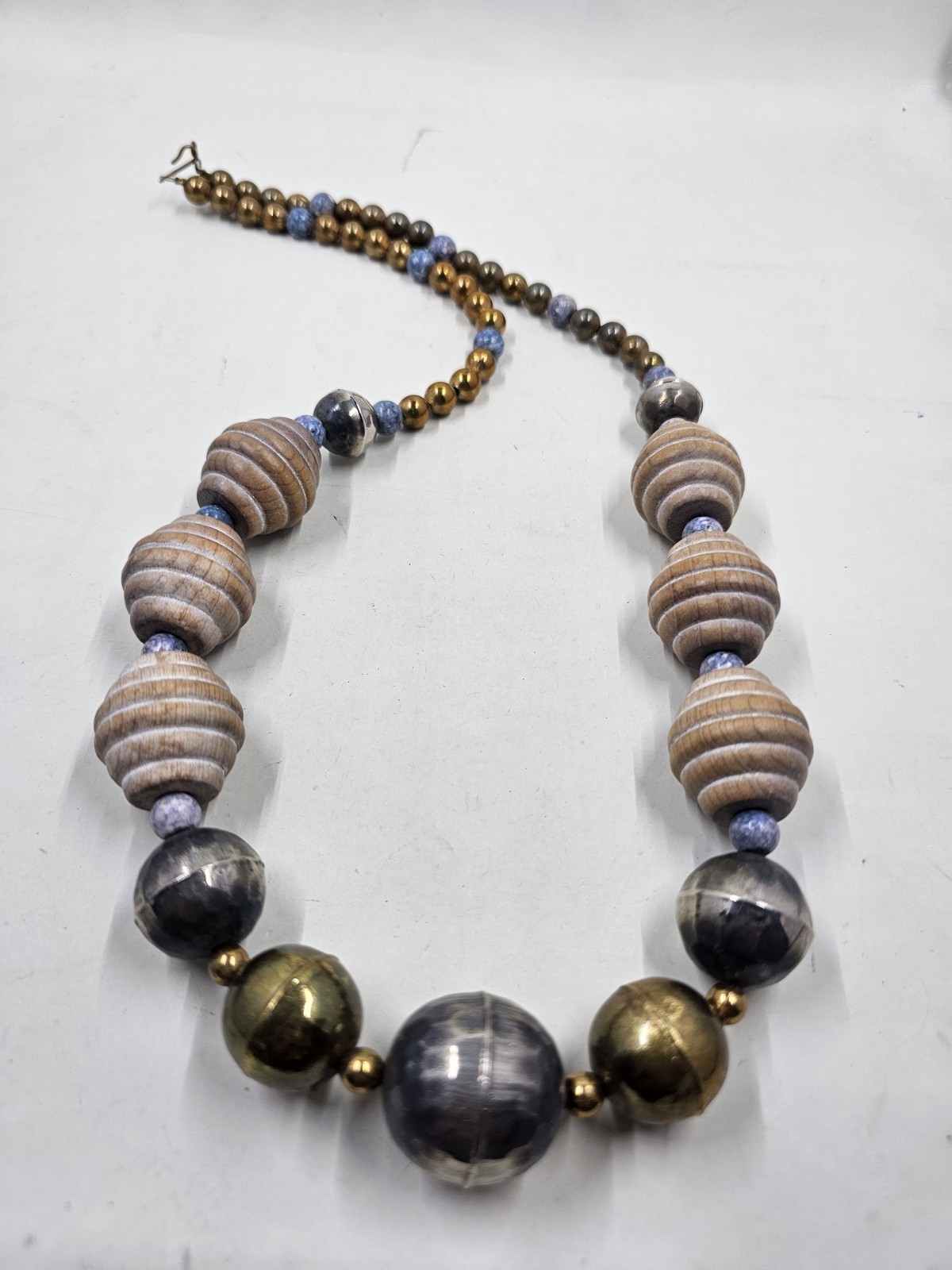 Vtg Bold Statement Necklace Carved Wood Sodalite Hammered Brass Silver Beads
