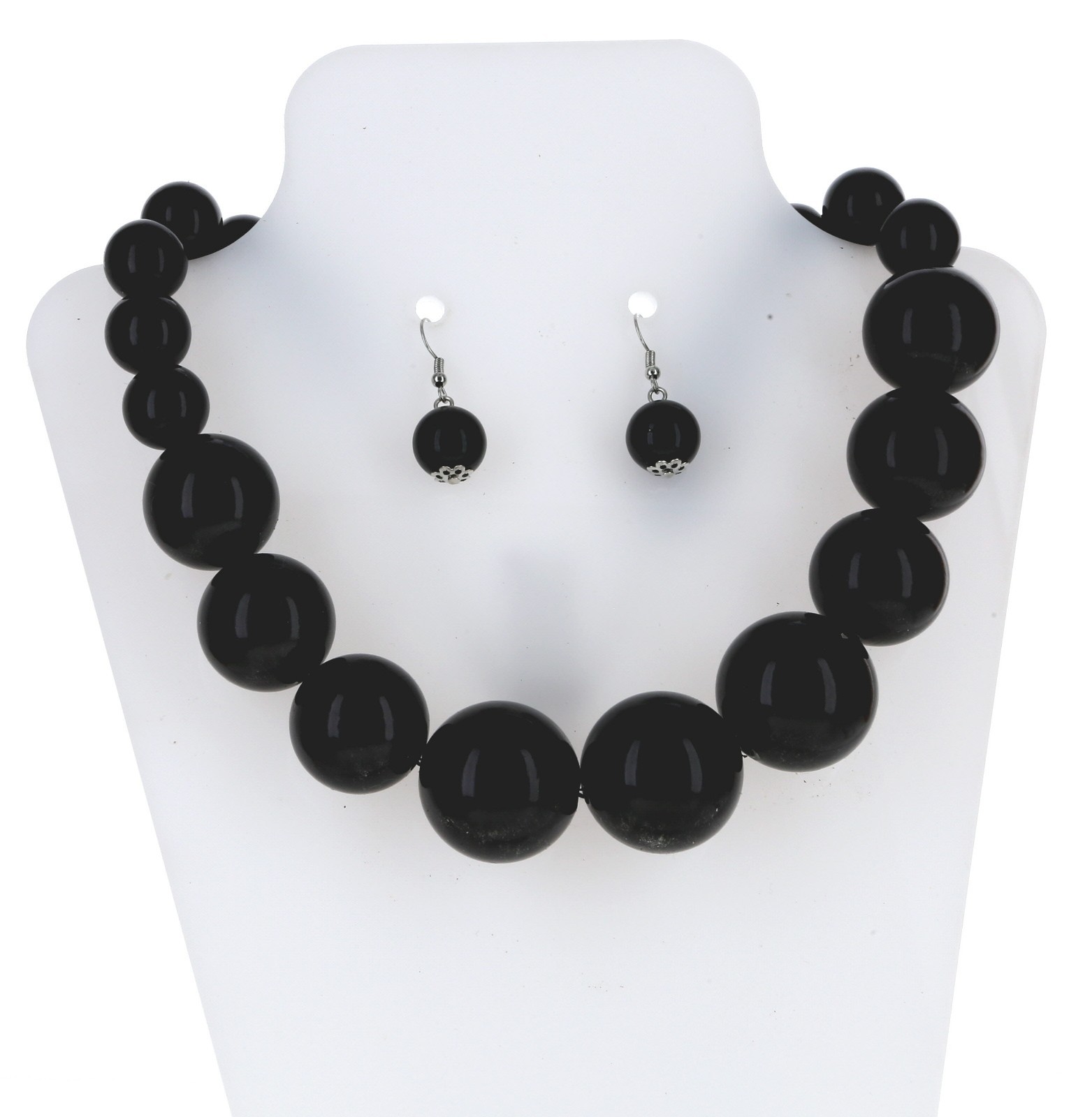 Black Chunky Bead Statement Necklace Faux Pearl Acrylic 19-22 Inch Earring Set