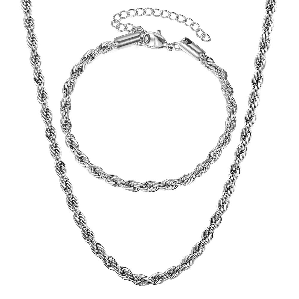 3mm Stainless Steel Twisted Rope Chain Necklace Bracelet Jewelry Set 7-30 inch