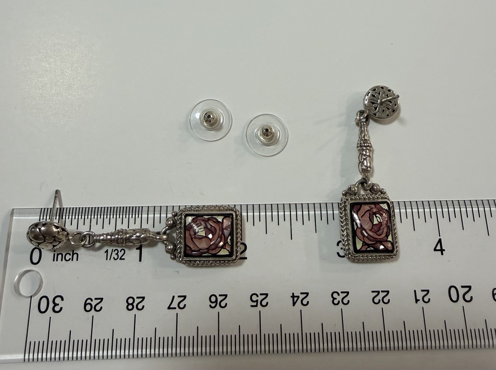 SARDA 925 Sterling Silver Pink Mother of Pearl Mosaic Rose Dangle Earrings