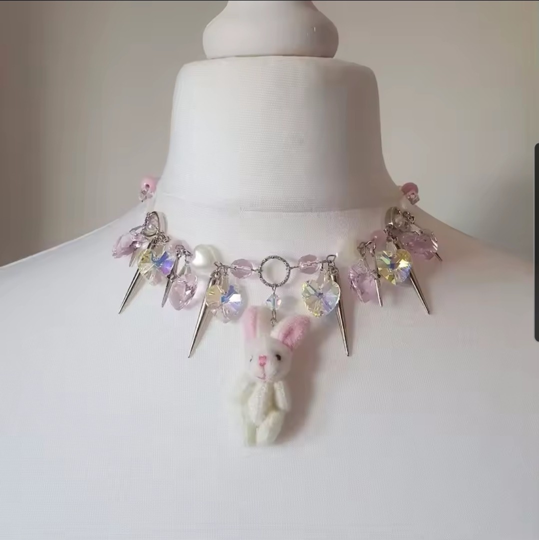 Silver Tone Charm Choker Necklace Pink Heart Crystal Charm Bunny Theme