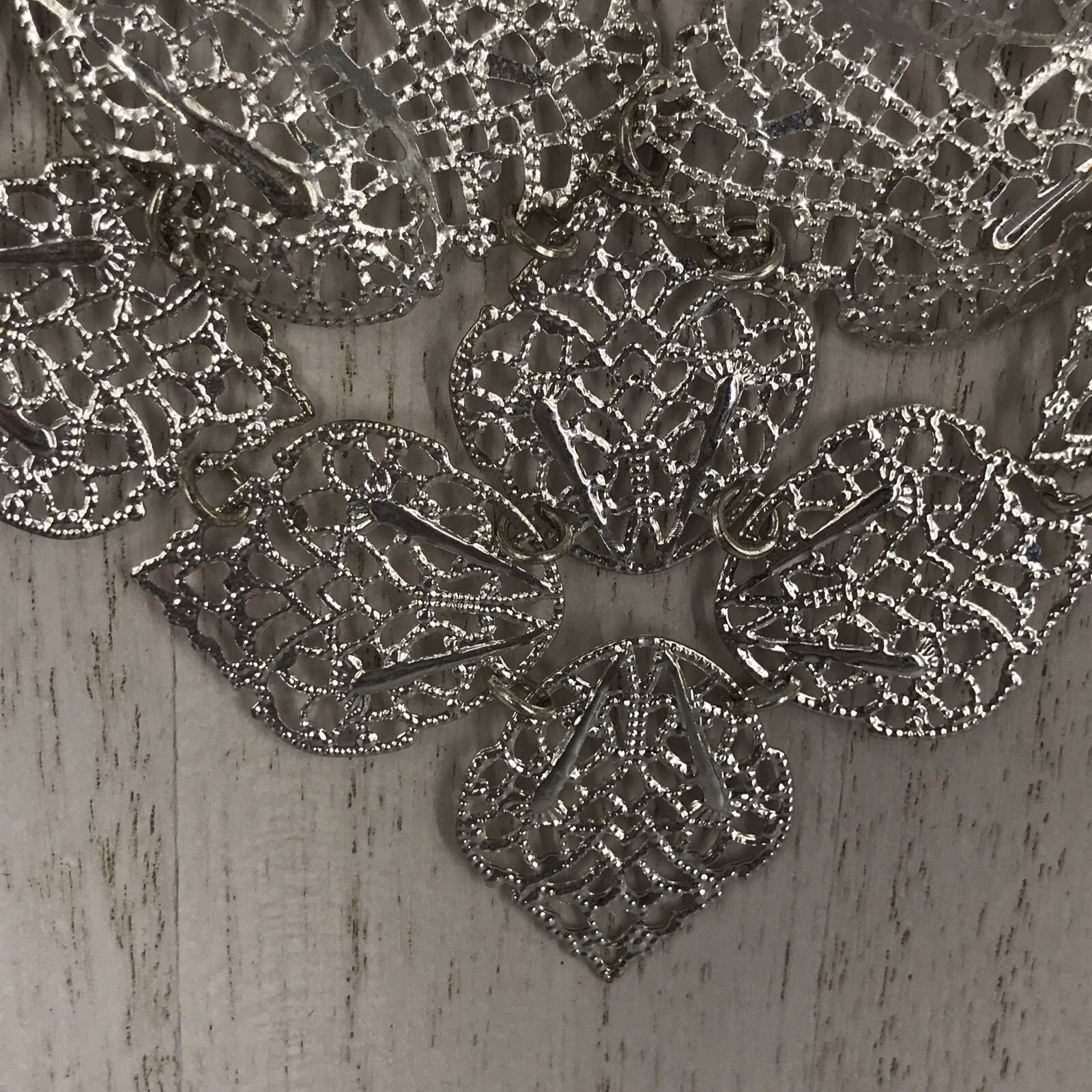 Bohemian Silver Tone Filigree Open Work Lattice Floral Bib Necklace 18″